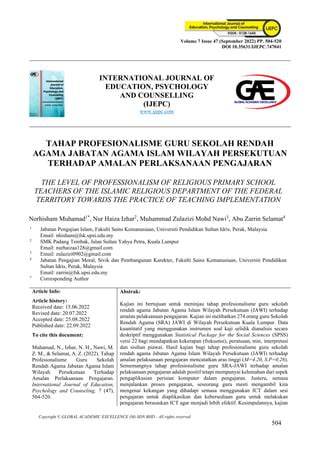 Tahap Profesionalisme Guru Sekolah Rendah Agama Jabatan Agama Islam Wilayah Persekutuan Terhadap ...