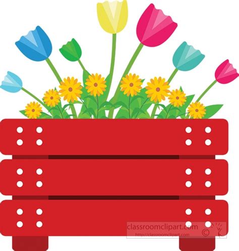 Flower Clipart-red wood flower pot with beautiful flowers clipart