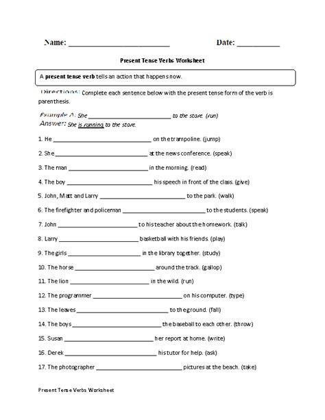 Verb Tenses Worksheets | Present Tense Verbs Practice Worksheet