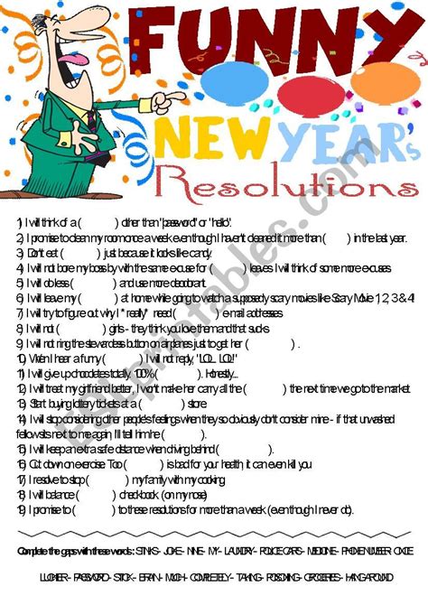 Funny New Year´s Resolutions- Vocabulary gap-filling activity(reuploaded,key is given) - ESL ...