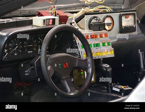 Philadelphia, Pennsylvania, U.S.A - February 9, 2020 - The interior of DMC DeLorean car used in ...