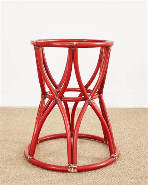 McGuire Organic Modern Red Lacquered Rattan Pedestal Dining Table For Sale at 1stDibs