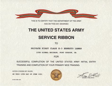 US army service ribbon certificate