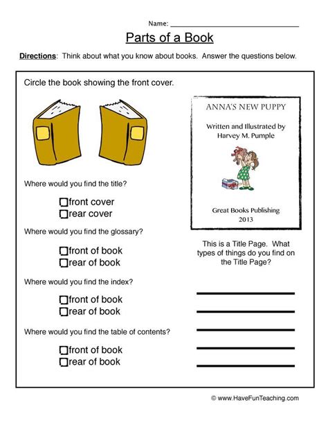 Parts Of A Book Worksheet For Grade 1