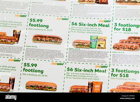 Subway sandwich coupons (fast food coupon) - USA Stock Photo - Alamy