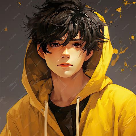 Premium AI Image | Cute and Handsome Anime boy wear yellow hoodie