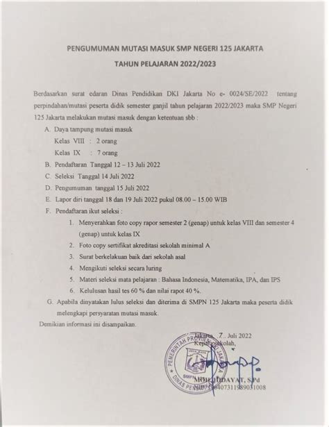 INFORMASI KETERSEDIAAN BANGKU KOSONG DAN JADWAL PENERIMAAN PERPINDAHAN PESERTA DIDIK SEMESTER ...