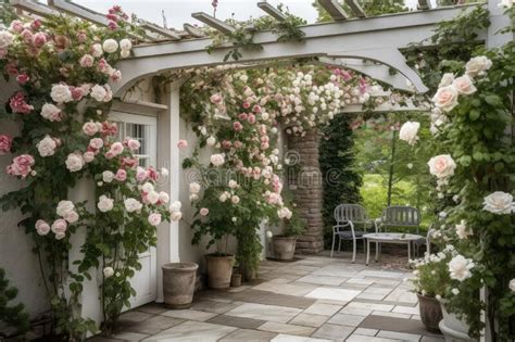 Pergola with Climbing Roses and Hanging Pots on a White Stone Patio Stock Photo - Image of ...