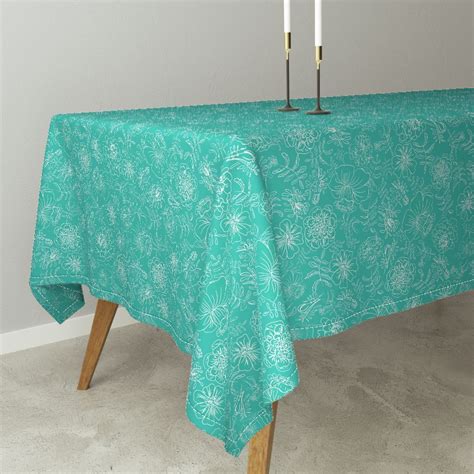 Colorful fabrics digitally printed by Spoonflower - Marigolds_white on turquoise | Table cloth ...