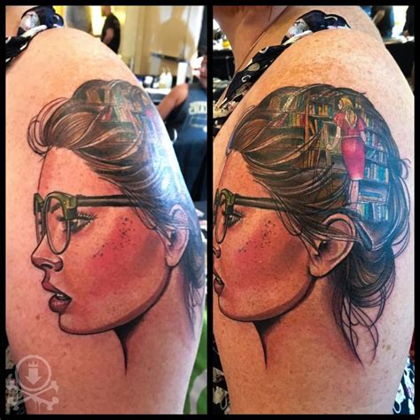 Very cute librarian themed tattoo by Meghan Patrick. #12ozstudios #team12oz #tattoo #tattoos # ...