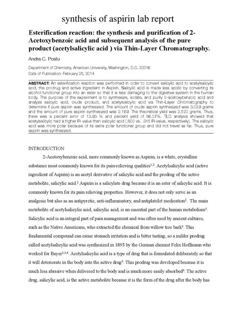 Synthesis of aspirin lab report | Schemes and Mind Maps Chemistry | Docsity