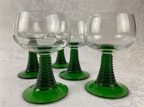 5 large green stemmed wine glasses, green colored ribbed stem, roemer glasses, vintage mid ...