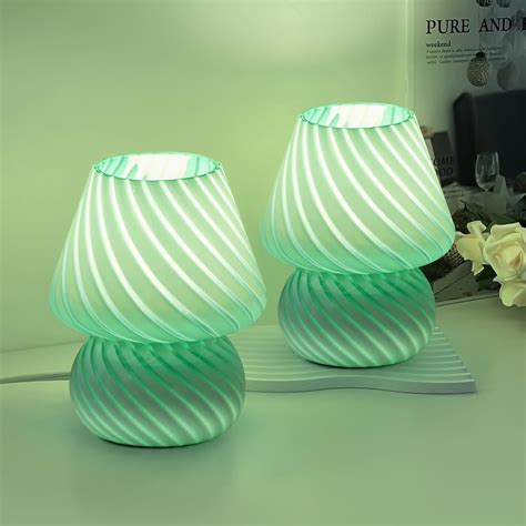 Mushroom Lamp Set of 2, Small Bedside Lamp with Striped Glass ...