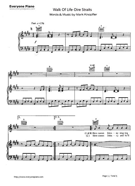 Walk of Life-Dire Straits Stave Preview 1-Free Piano Sheet Music & Piano Chords | Sheet music ...