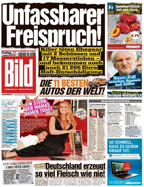 Newspaper Bild (Germany). Newspapers in Germany. Friday's edition, August 7 of 2015. Kiosko.net