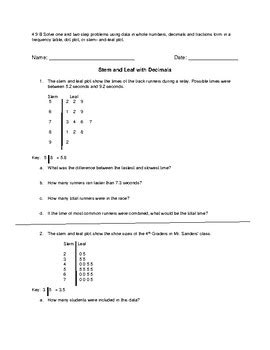 4.9B Stem and Leaf Plot using Decimals by Allison Polk | TpT