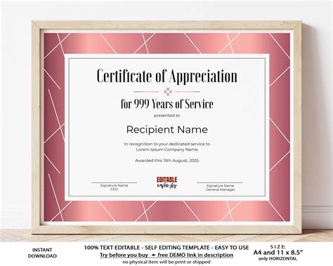 25 Years of Service EDITABLE Certificate of Appreciation - Etsy | Certificate of appreciation ...