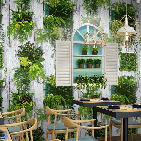 Nordic White Wood Grain Wallpaper Green Plant Pastoral Restaurant Cafe Bar Background Wall Decor ...