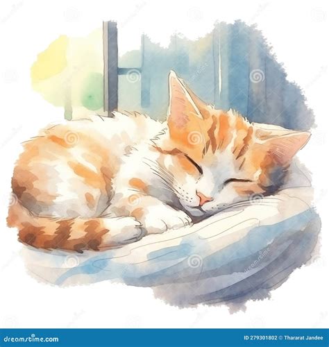 Watercolor Illustration of Cute a Cat Sleeping on Watercolor Background ...