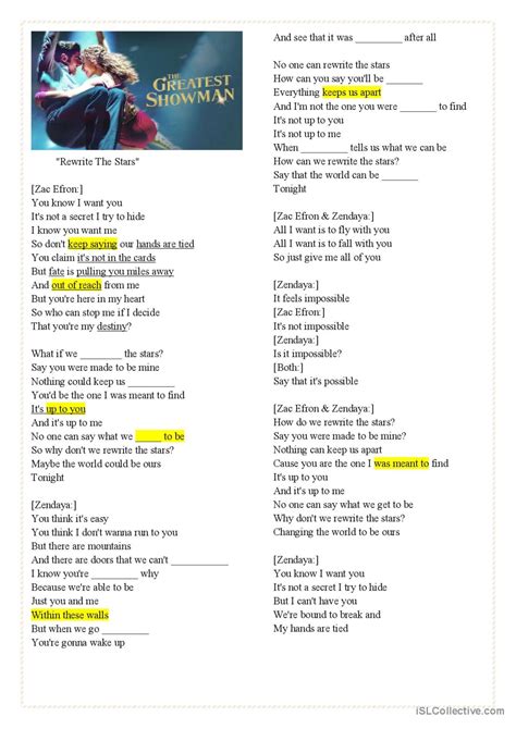 Rewrite the stars - lyrics vocabular…: English ESL worksheets pdf & doc