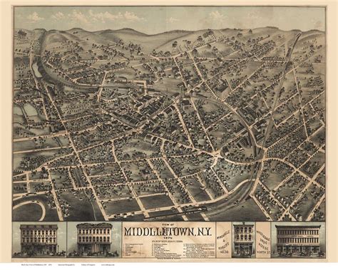 Middletown, New York 1874 Bird's Eye View - Old Map Reprint - OLD MAPS