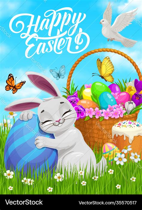 Happy easter poster bunny hug painted egg Vector Image