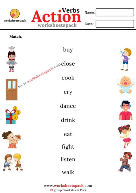 Action verbs matching worksheets pdf - worksheetspack