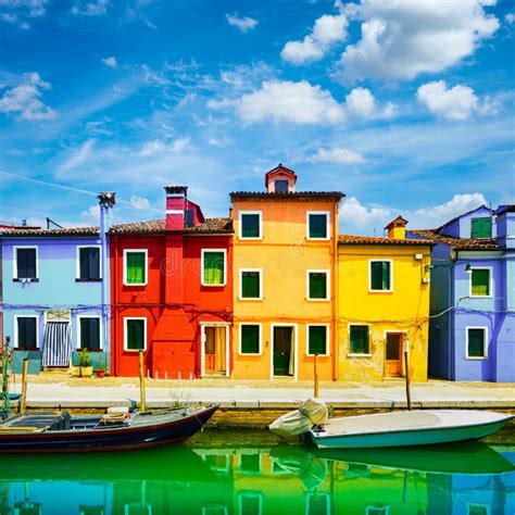 Burano Island Canal, Colorful Houses and Boats in the Venice Lagoon. Italy Stock Photo - Image ...