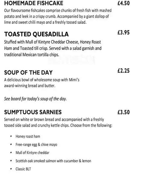 Menu at Mimi's Bakehouse cafe, Edinburgh, 63 Shore