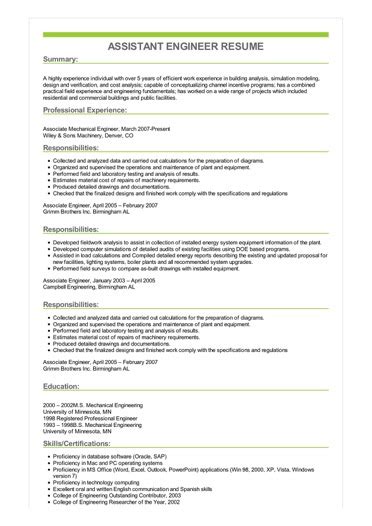 Sample Assistant Engineer Resume