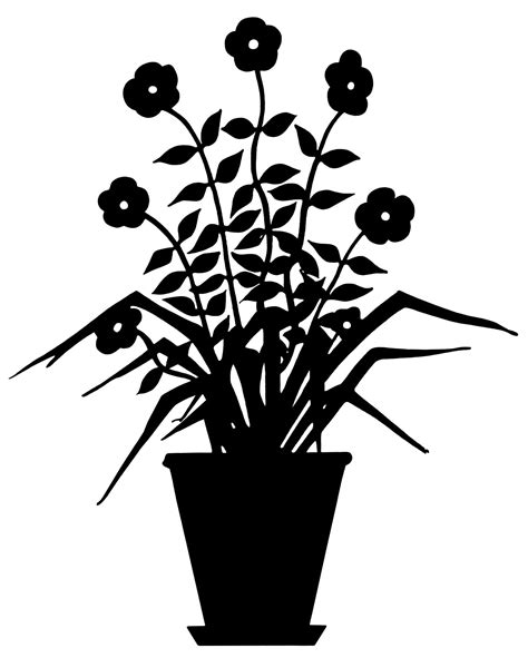 vintage flower clip art, flowering plant silhouette, black and white graphic, plant in pot ...