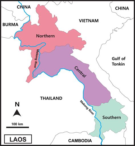 Map of Laos includes regions, Mekong River, borderline countries ...