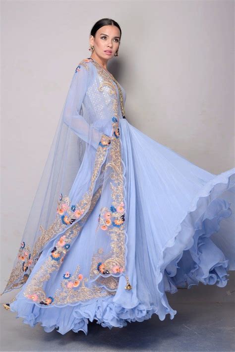 501880D Sky Blue Chiffon Anarkali Suit with Net Dupatta