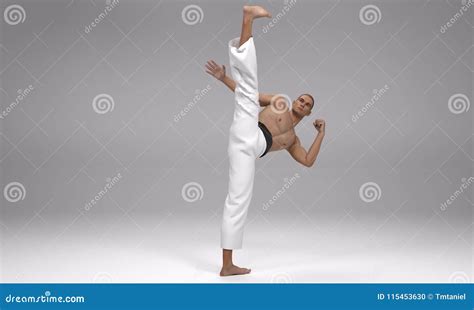 3D Render : a Man Perform High Kick Action with Martial Arts Styles Stock Illustration ...