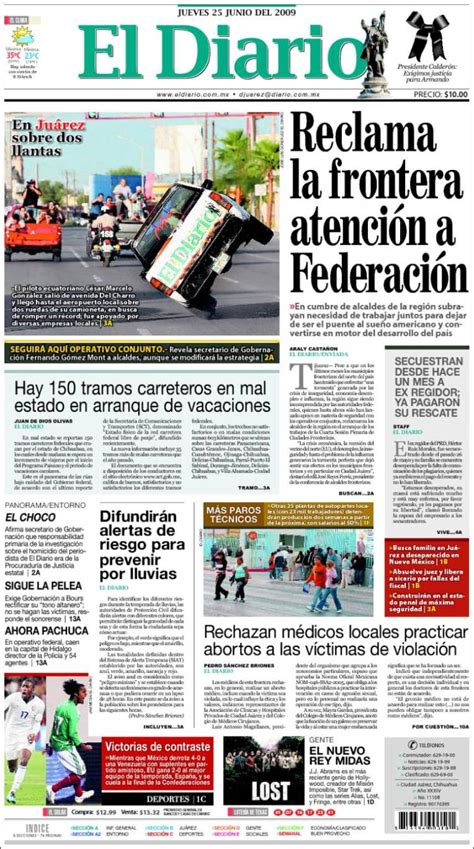 Newspaper El Diario - Juarez (Mexico). Newspapers in Mexico. Thursday's edition, June 25 of 2009 ...