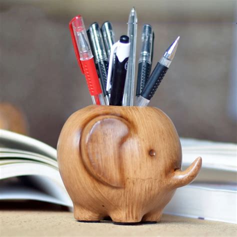 Wood Carving Elephant Pencil Holder Fashion Creative Wooden Pen Holder-in Pen Holders from ...