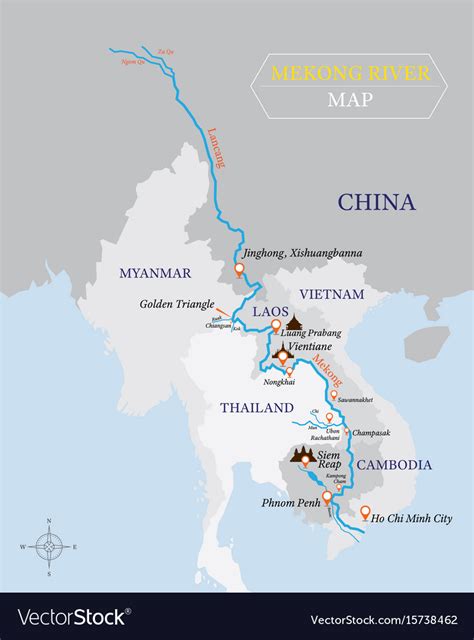 Mekong river map with country and city location Vector Image