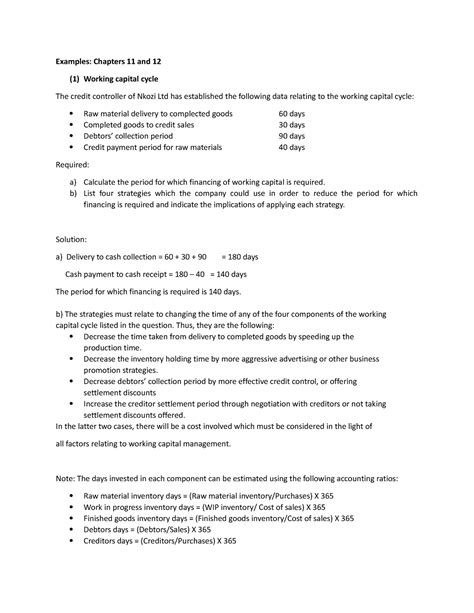 Example on working capital - Examples: Chapters 11 and 12 (1) Working ...