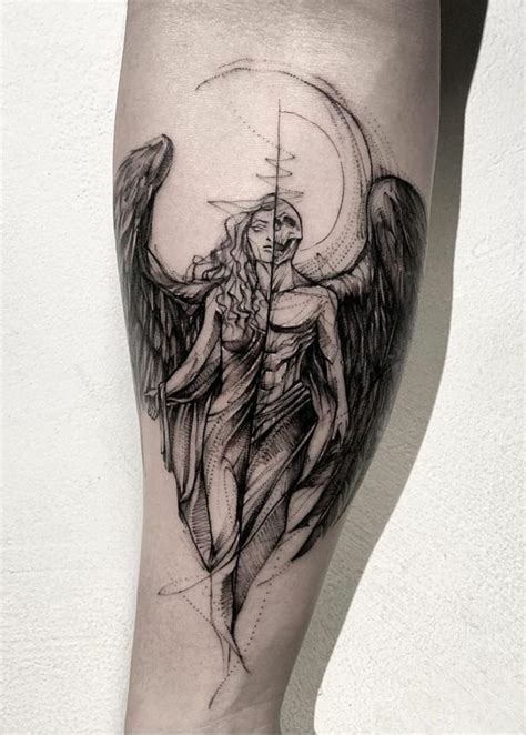 black-and-white-tattoo-of-a-woman-half-angel-half-demon-tattoo-forearm ...