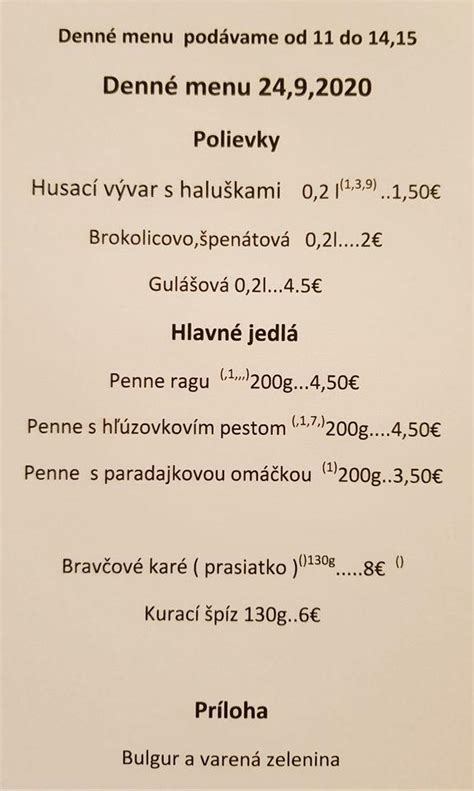 Menu at D'angelo restaurant, Prešov