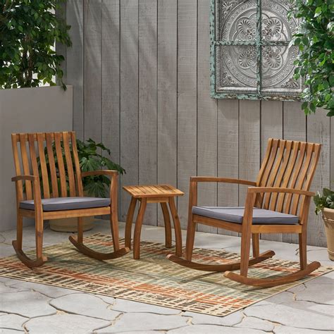 Outdoor 2 Seater Rocking Chair Set with Side Table, Teak and Dark Gray – Noble House Furniture