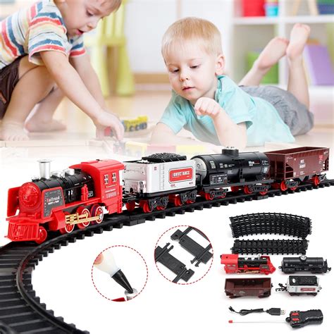 Rc Remote Control Super Fun Electric Train Set with Sounds Real Steam Smoke Car RC Train and ...