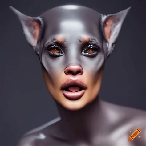 Grey latex doberman head with kylie jenner's face on Craiyon