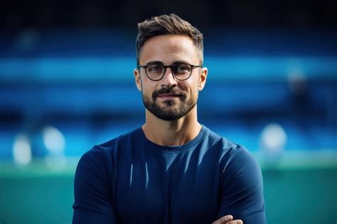 Premium Photo | Adult cheerful caucasian male athlete or coach in glasses and tshirt standing on ...