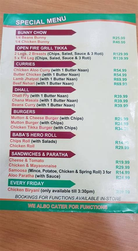 Menu at SA BABAS FAMILY RESTAURANT & TAKE AWAY, Durban