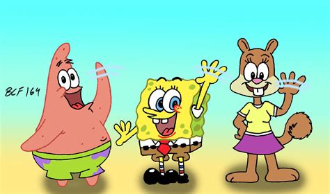 Patrick, SpongeBob and Sandy wave to their fans by BobClampettFan164 on DeviantArt