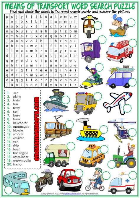 Means of Transport ESL Word Search Puzzle Worksheet Writing Practice ...