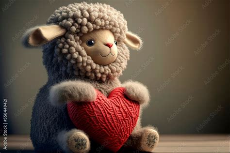 Cute stuffed animals for valentine's day. Adorable sheep stuffed animal hugs red heart. Stock ...