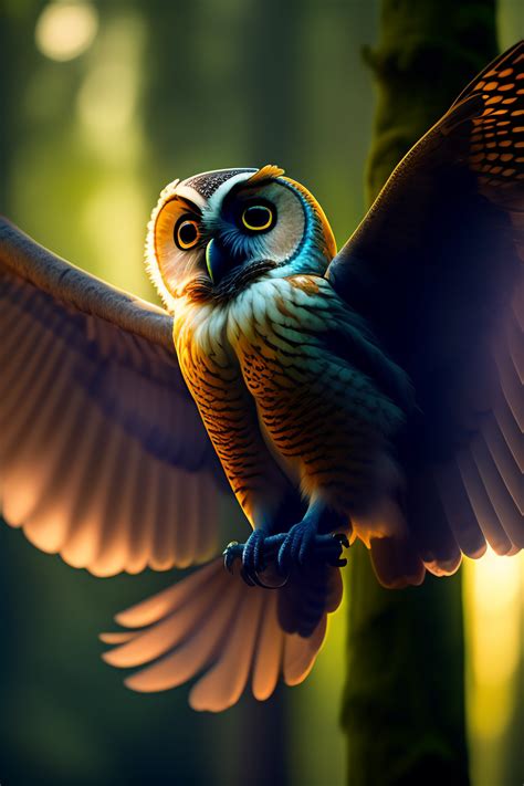 Lexica - A cute humanoid owl flapping wings in the forest, michael kutsche, cinematic lighting