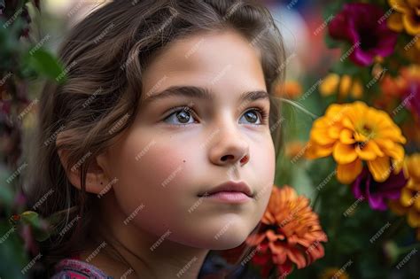 Premium AI Image | Closeup of girls face with garden of colorful flowers in the background